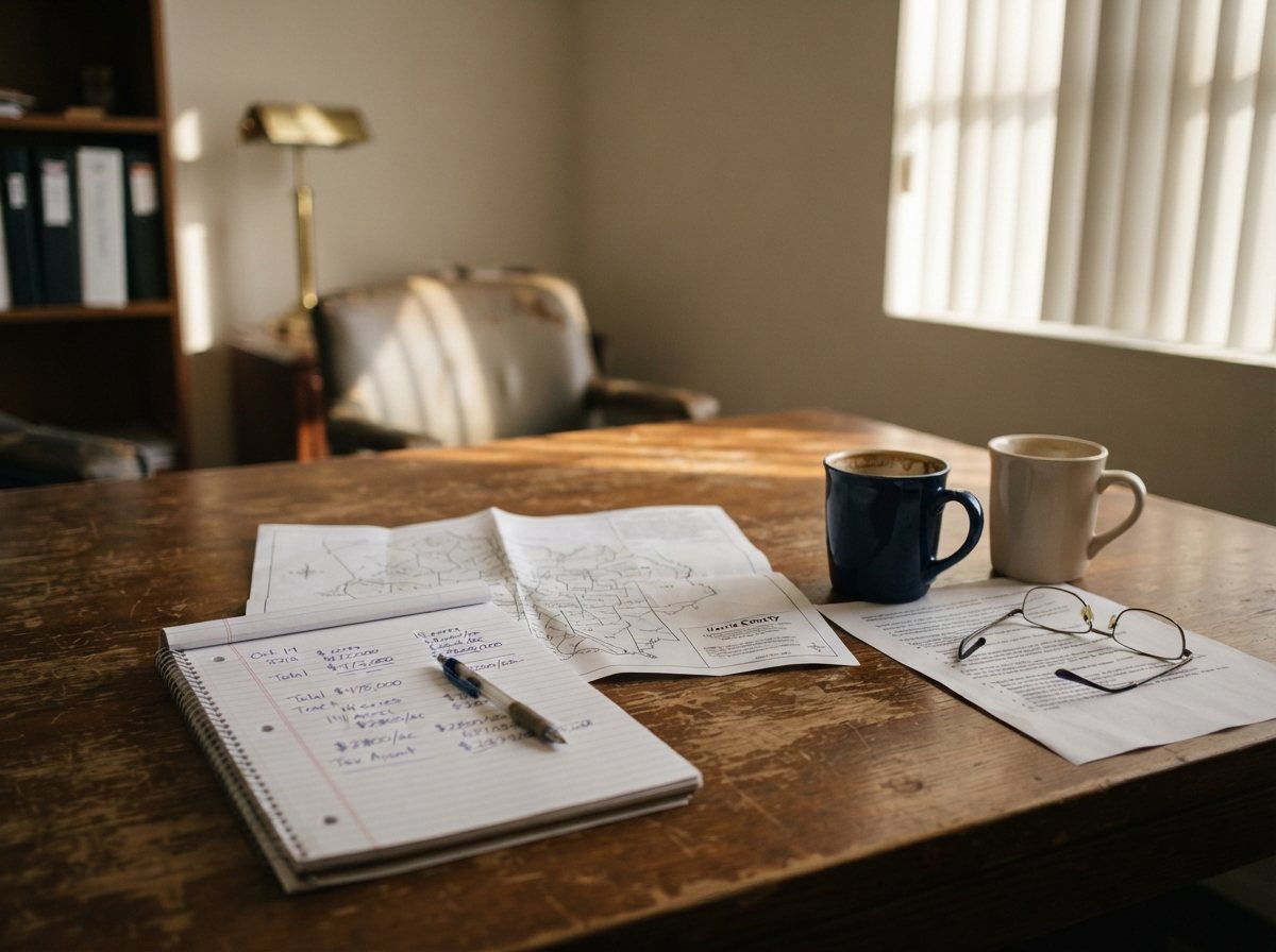 A consultation table just after the conversation ended: an open notepad with handwritten figures, a folded paper plat map beside it, two coffee mugs one half-finished, reading glasses resting on a printed sheet, late-morning light coming through blinds across the wood