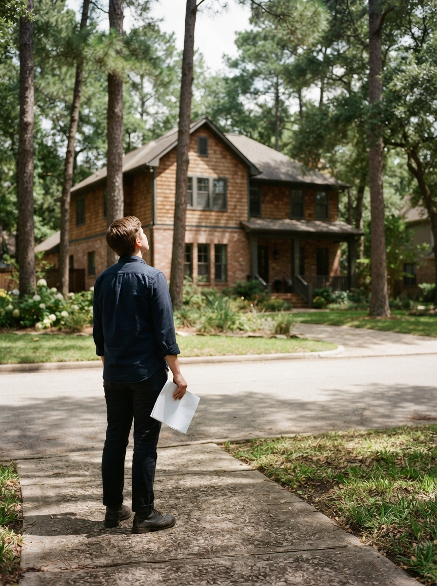 A single person seen from behind on a shaded sidewalk, a folded printed sheet in one hand, looking up at a handsome two-storey brick-and-cedar house set back among tall pines — deciding, not celebrating. No signage, no sold sign, no face visible, no vehicle.